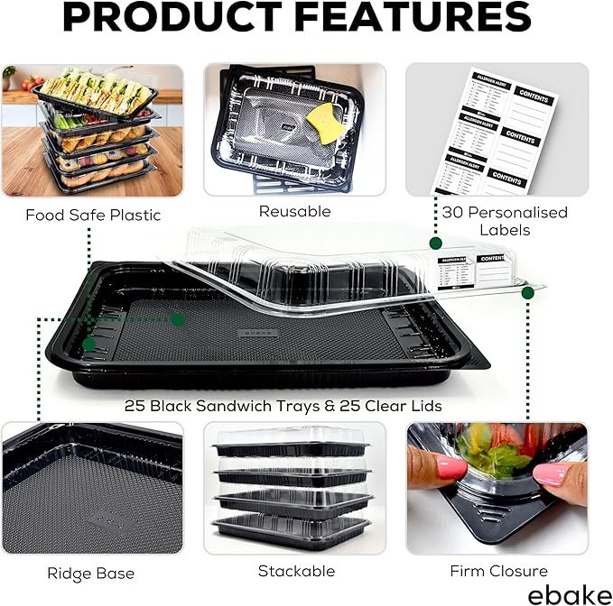 25 Pack Catering Trays with Lids – 17" Serving Tray with Lid, Heavy Duty Recyclable Plastic Party Platters for Catering, Buffet, Picnics & Events – Food Tray with Clear Lid (17.72 x 12.20 x 2.95 inch)