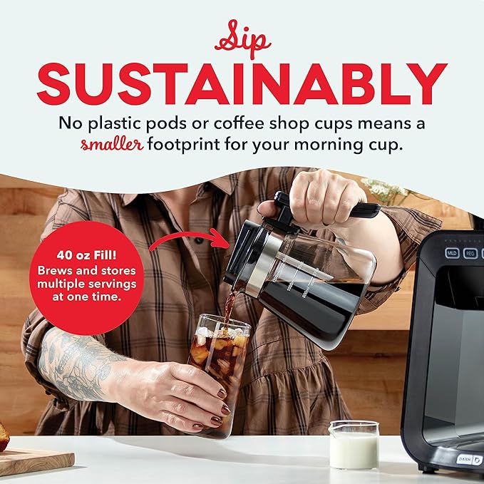 DASH Rapid Cold Brew Maker with VacuPress™ Technology with Glass Carafe for 40 Ounces of Instant Fresh Cold Brew Coffee or Iced Tea