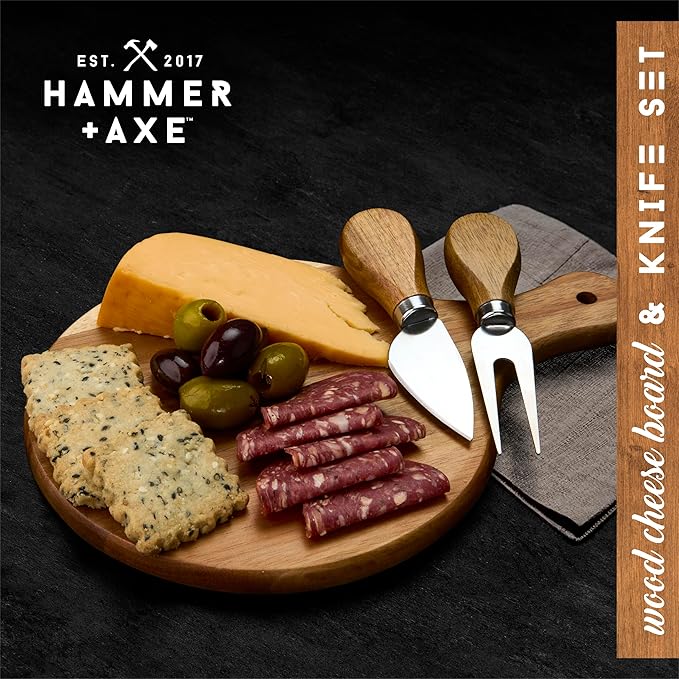 Hammer + Axe Premium Serving Bundle - Rotating Bamboo Charcuterie Serving Tray with Food Labels & 3 Cheese Tools| Acacia Wood Cheese Board with Knife & Fork| Dinner Party & Housewarming Gift Set