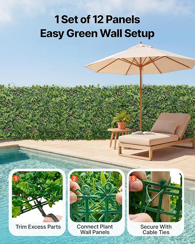 VEVOR Artificial Plant Wall, 12PCS 20 x 20 in Artificial Boxwood Panels, Greenery Backdrop Privacy Hedge Fence with Sun Protection, Fake Grass Wall Screen for Wedding, Indoor, Garden，Mixed Leaf
