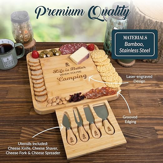 Pavilion - Life Is Better When You’re Camping - Square Cheese Board & Knife Set with Hidden Drawer, Charcuterie Board, Bread Board, 1 Count - Pack of 5, 13 x 13 x 1.25-Inches