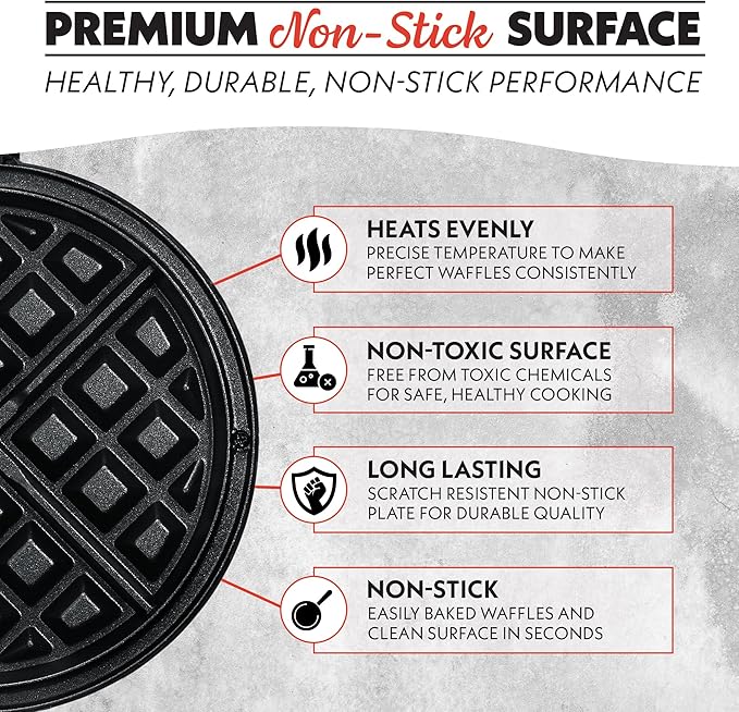 Gourmia Dual Pour Waffle Maker – Belgian Waffle Maker with Mess Free Spout, Nonstick Plates, Compact Upright Storage, 800W, Black