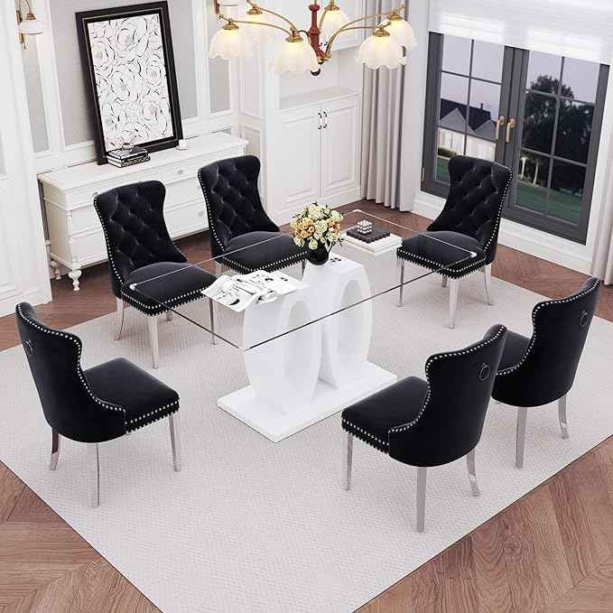 63" Glass Dining Table Set for 6, 7-Piece Rectangular Kitchen Table with Tempered Glass Top, White Double O-Shaped MDF Base, and 6 Black Velvet Upholstered Chairs for Dining Room, Living Room, Office