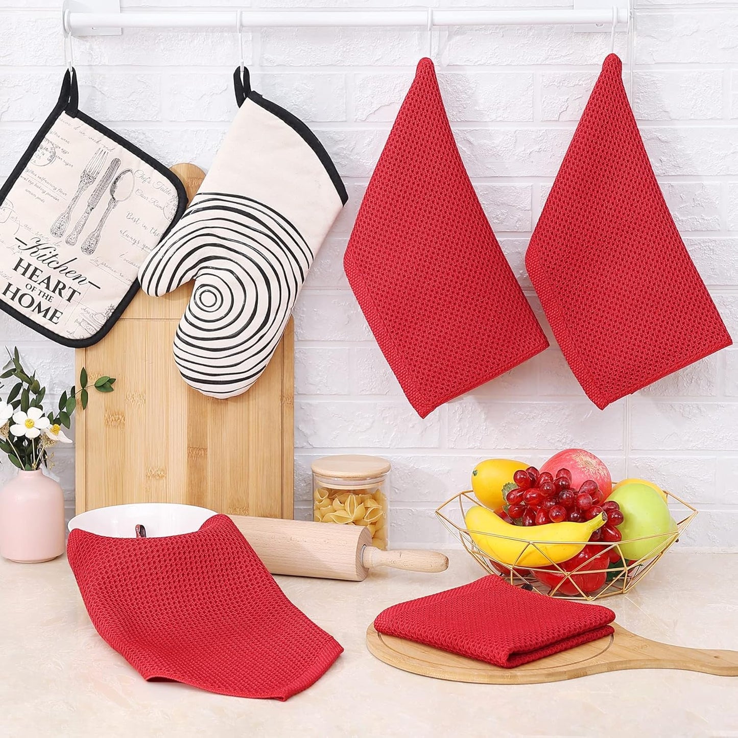 Homaxy 100% Cotton Waffle Weave Kitchen Dish Cloths, Ultra Soft Absorbent Quick Drying Dish Towels, 12 x 12 Inches, 12-Pack, Red