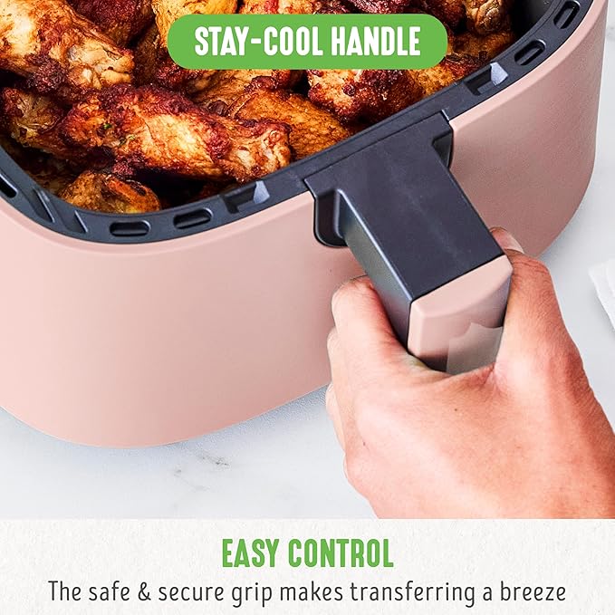 GreenLife 4.5QT Air Fryer, Mechanical Dial Controls, PFAS-Free Ceramic Nonstick Drawer, Adjustable Temp & Timer, LED Indicator, Oil-Less Cooking, Dishwasher Safe, Compact Family Size, Pink