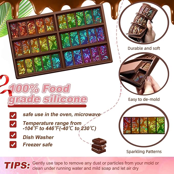 Ziliny Rose Holographic Chocolate Bar Mold Silicone, Rainbow Light Effect Chocolate Bar Deep Thick Molds for DIY Candy Dessert Baking, Candy, Wax Melts, Cake Decoration (Rectangle)