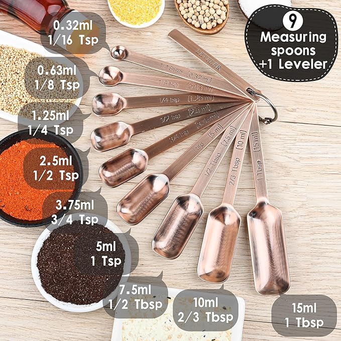 Copper Measuring Spoons Set, Stainless Steel Narrow Measuring Spoons Set, Heavy Duty Metal Measuring Spoon with Long Handle, Engraved Metric&US Measure Spoon with Leveler, Easily Fit Spice Jars