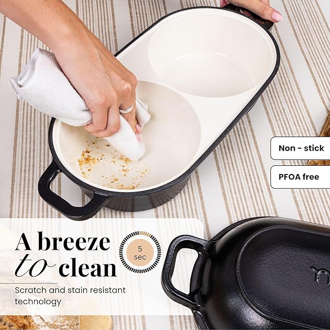 Dutch Oven for Sourdough Bread Baking – Enamelled Cast Iron Bread Loaf Pot – 500°F Oven Safe Non Stick Bread Pot – Double Round Loaf Space, 16.5cm Diameter, Black, – by Nuovva