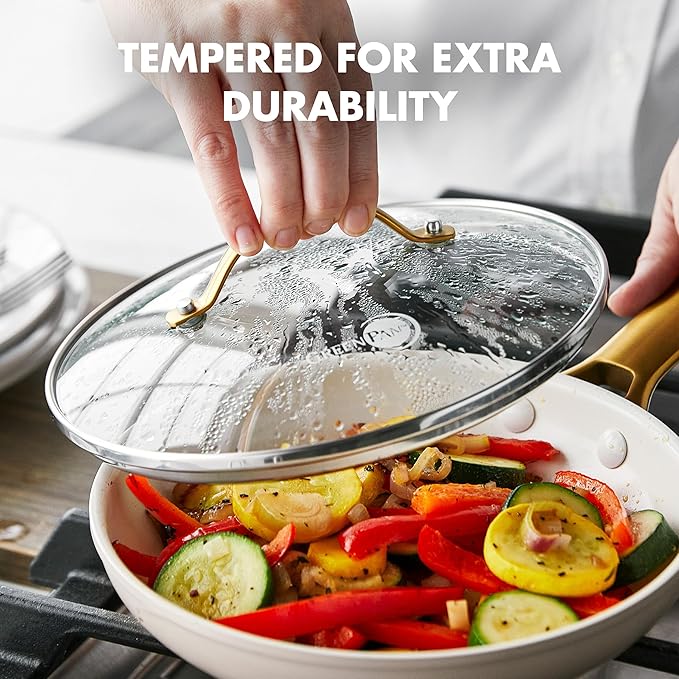 GreenPan 8" Tempered Glass Lid for Pots and Pans Cookware, Gold-Tone Handle with Matte Finish, Dishwasher and Oven Safe