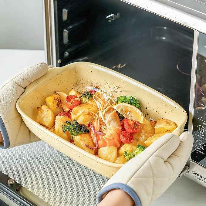 Casserole Dish Set of 3,Lasagna Pan,Ceramic Bakeware for Oven,Rectangular Baking Dishes with Handles,High Heat Resistant,Colorful Speckle Stoneware Series (13.8''/12''/9.6''Yellow)