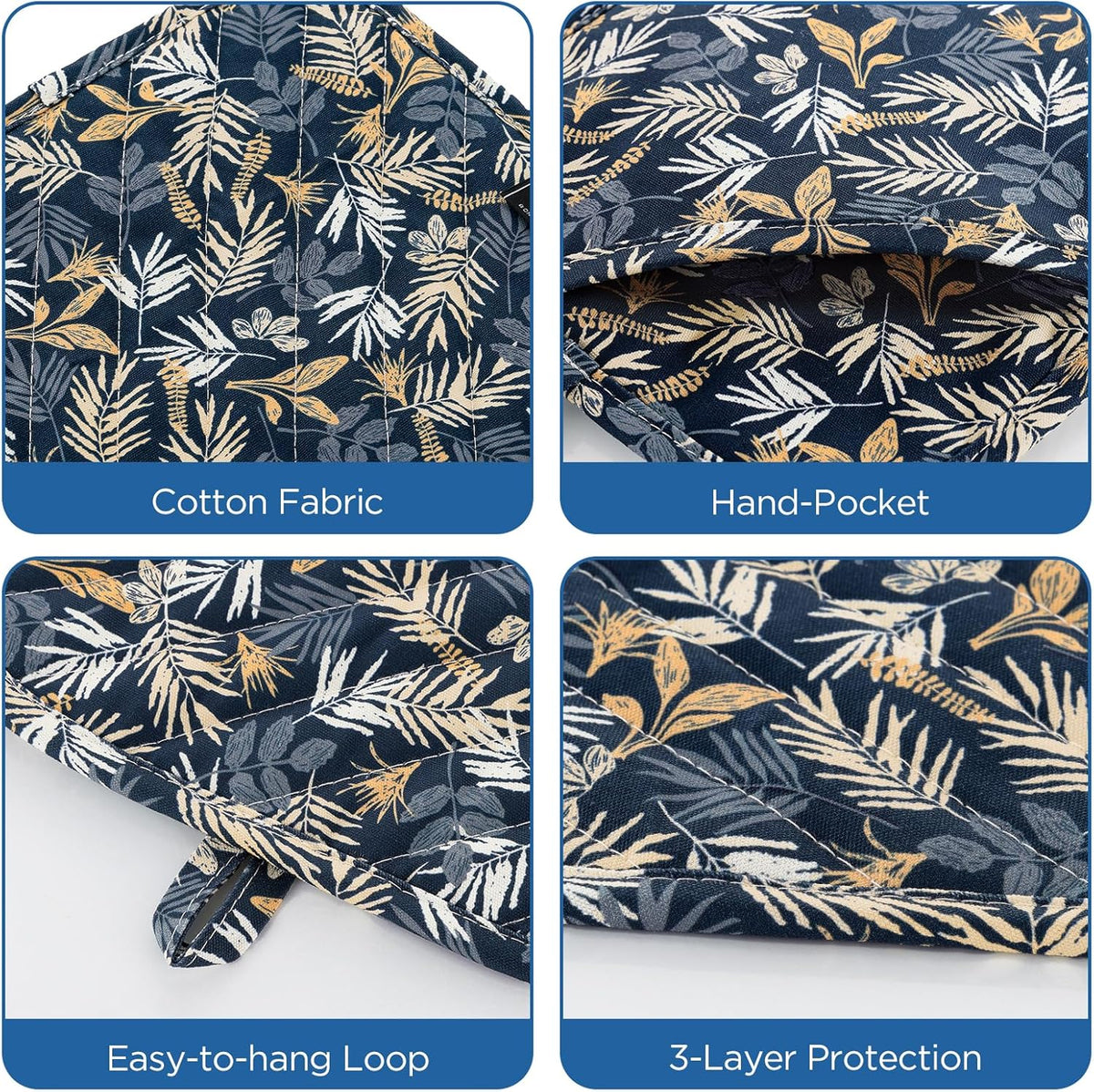 Pot Holders for Kitchen Heat Resistant Hot Pads for Countertops Oven Pot Holders Cotton Potholders for Kitchen Cooking Baking (Blue Leaves)