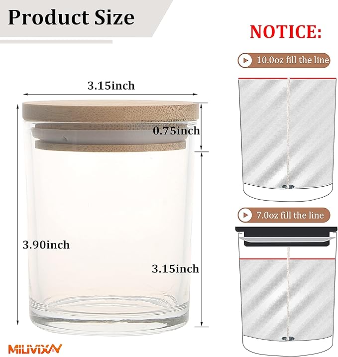 MILIVIXAY 12 Pack 10 OZ Clear Glass Candle Jars with Lids and Candle Making Kits - Bulk Empty Candle Jars for Making Candles - Spice, Powder Containers.