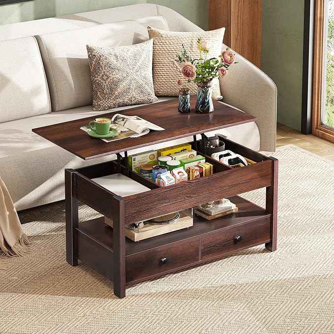 WLIVE Coffee Table, Lift Top Coffee Table with 2 Drawers, Large Hidden Compartment and Open Storage Shelf, Lift Tabletop, Dining Table for Living Room, Espresso