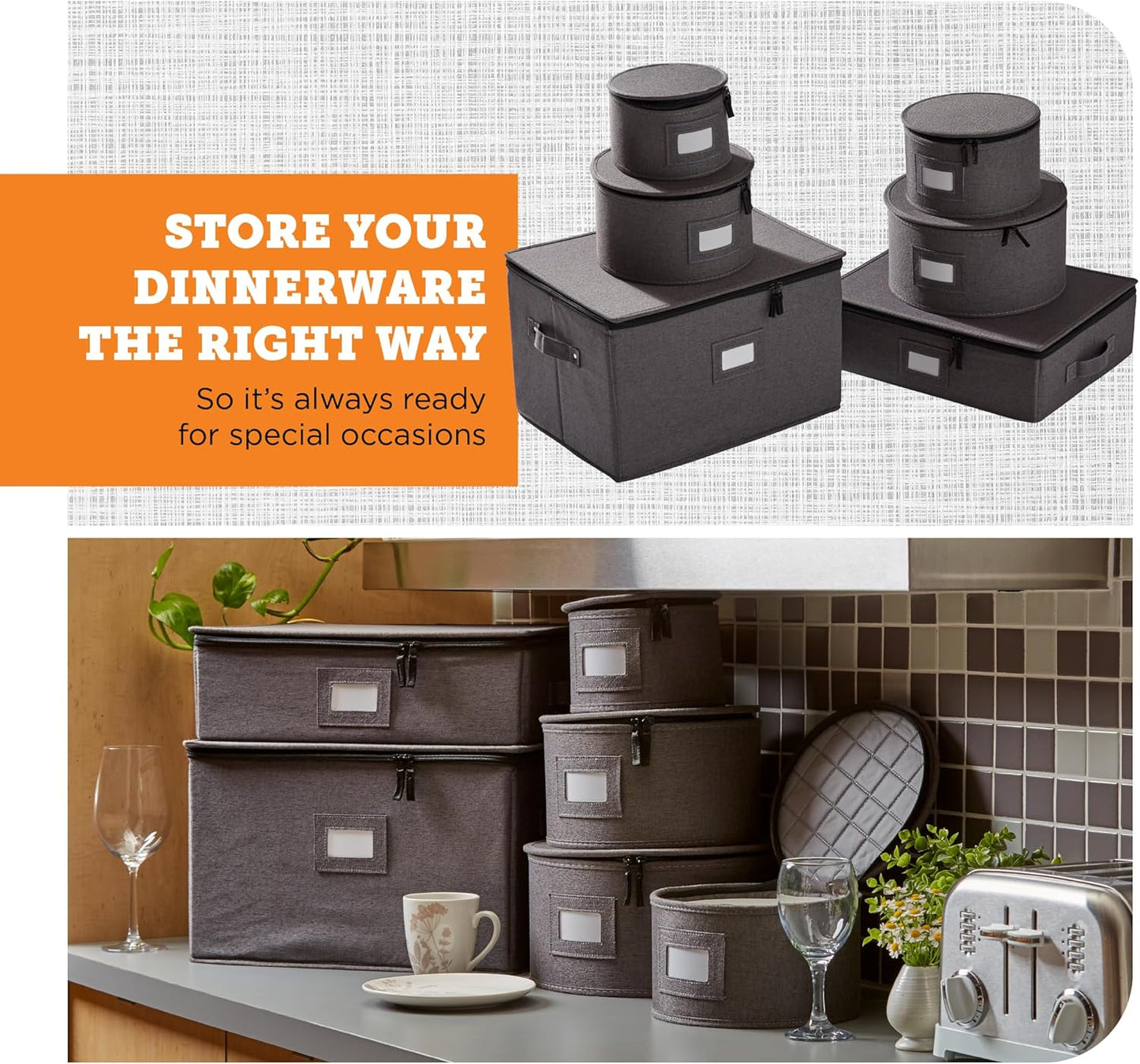 storageLAB China Storage Containers, Hard Shell Case with Felt Dividers for Charger Plates, and Dishes, Ideal for Kitchen Organization, Moving Supplies, and Fine China Storage - 6-Piece Set, Gray