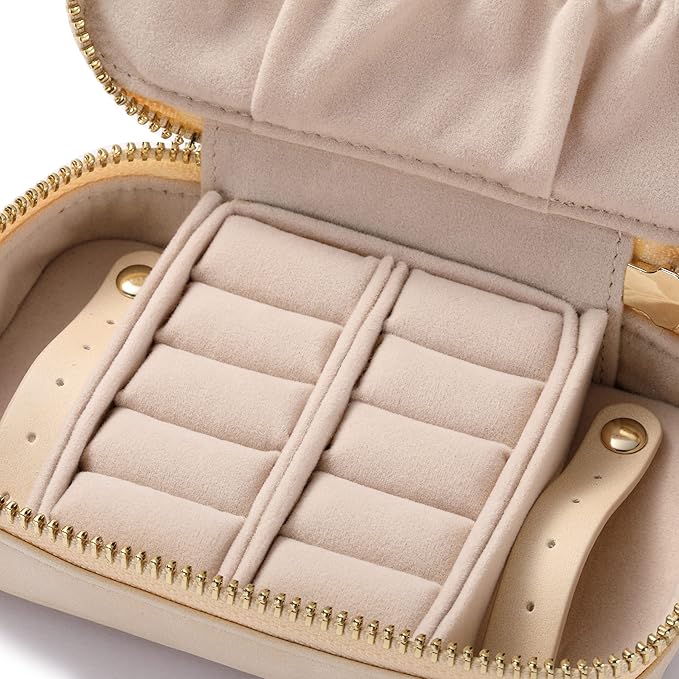 HISCOW Vegan Leather Travel Jewelry Case with Zipper - Portable Necklace & Earring Holder Organizer for Women Girls, Velvet-Lined Ring Box with Anti-Tarnish Design, Cream