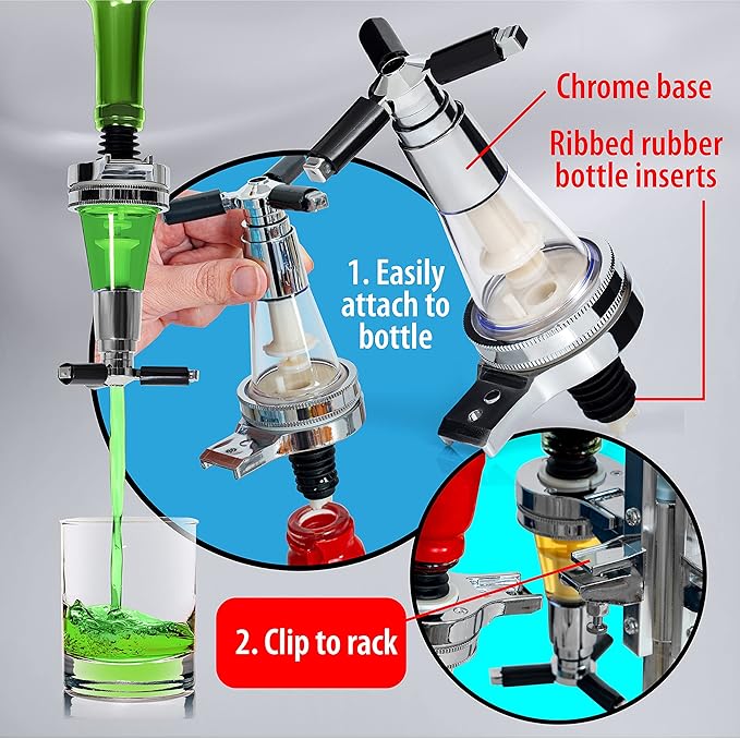 Liquor Dispenser - 4-Bottle Drinks, Alcohol Station - Wall-Mounted Cocktail Tap, Push-Release Valves, Rubber Suction Cups, Home Bar, Man Cave, Bartender Accessories