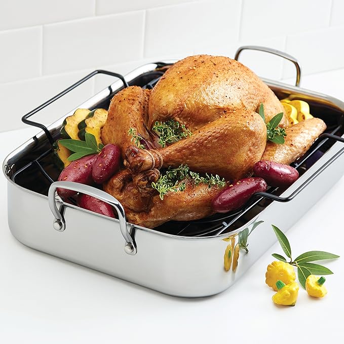 Anolon Triply Clad Stainless Steel Roaster / Roasting Pan with Rack - 17 Inch x 12.5 Inch, Silver