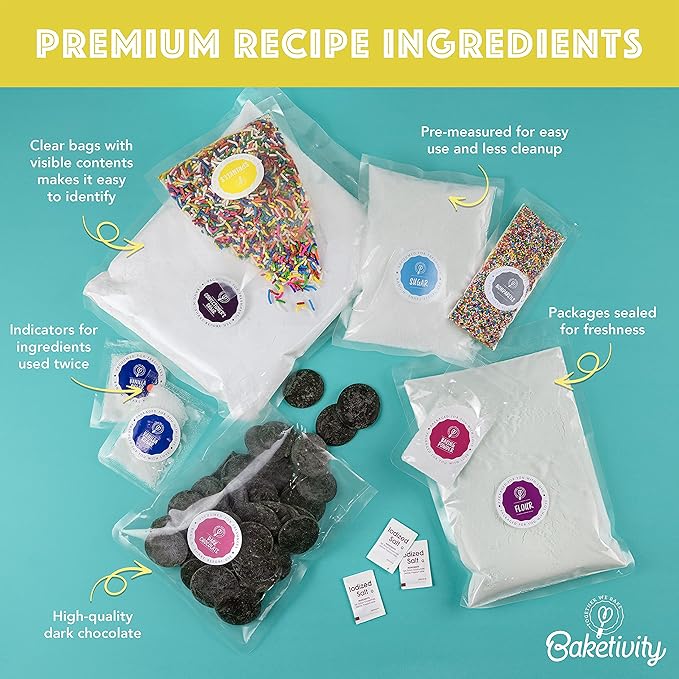 Baketivity DIY Birthday Cake & Decorating Set for Girls and Boys. Box Includes All Pre-Measured Ingredients, Birthday Candles, Chef Hat and Apron. Perfect for Birthday Gift for Kids, Teens, and Adults