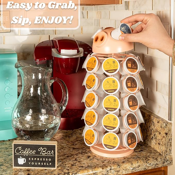 Made Easy Kit Carousel Coffee Pod Holder - Compatible with Keurig K-Pods K-Cups - Countertop 360 Spin Rack Storage Organizer - Revolving Base - Capsule Café Station Bar (Pig Pink, Large)