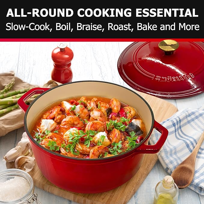 Mueller 6qt Enameled Cast Iron Dutch Oven, Heavy-Duty Casserole and Braiser Pan with Lid and Knob, Oven-Safe up to 500° F & Across All Cooktops, Red