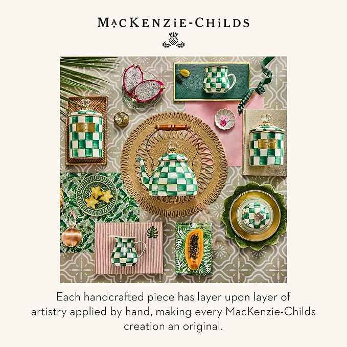 MACKENZIE-CHILDS Enamel Colander, Decorative Kitchen Strainer, Large, Green-and-White Emerald Check