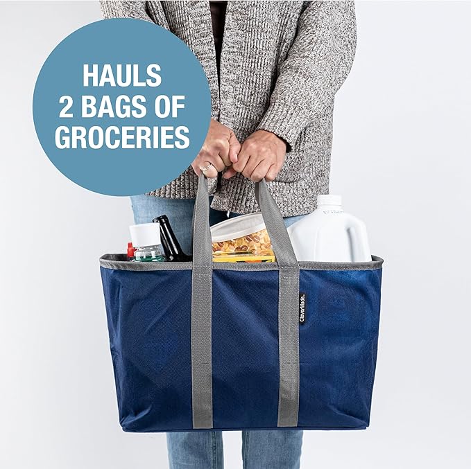 CleverMade EcoBasket Reusable Grocery Tote - 30L - Pack of 1 - Blue Gray - Collapsible Storage Shopping Organizer - Heavy Duty Utility Bag Home