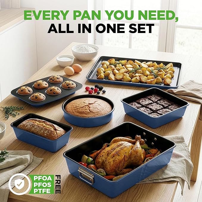 NutriChef 8-Piece Nonstick Stackable Bakeware Set - PFOA, PFOS, PTFE Free Baking Tray Set w/Non-Stick Coating, 450°F Oven Safe, Round Cake, Loaf, Muffin, Wide/Square Pans, Cookie Sheet (Blue)