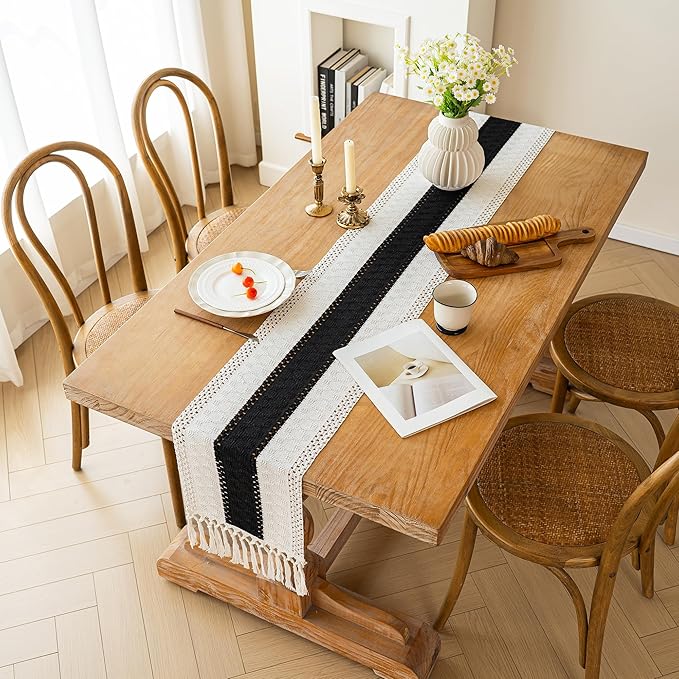 FEXIA Boho Table Runner for Home Decor with Tassels 90 Inches Long,Black Farmhouse Rustic Table Runner Macrame Burlap Table Decoration for Living Room Bridal Shower(12x90 Inches)