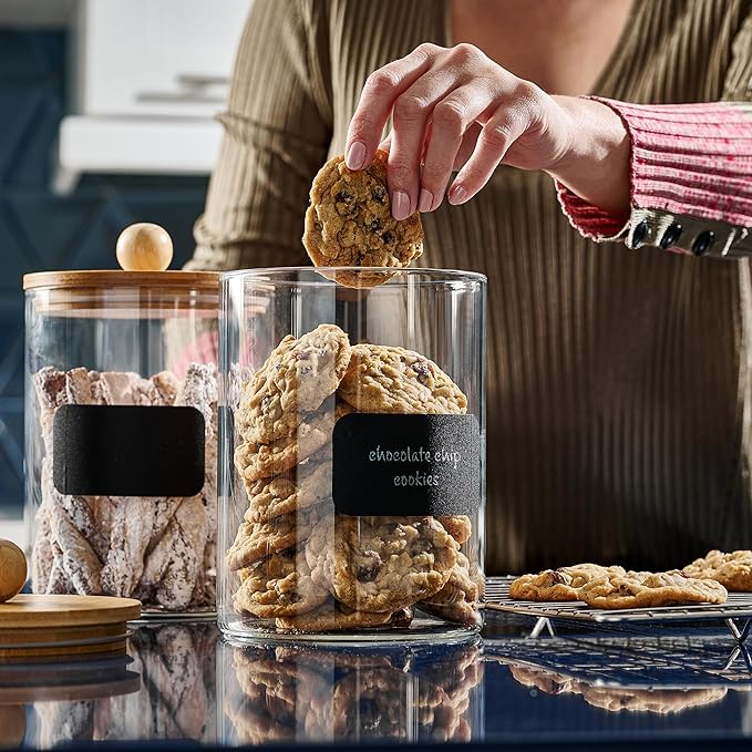 Le'raze 1 Gallon Glass Canister Set for Kitchen Counter with Airtight Bamboo Lids + Marker & Labels - of 2 Large Cookie Jars Wooden Lid, Food Storage Containers Pantry, Flour, Sugar, Pasta, Candy,