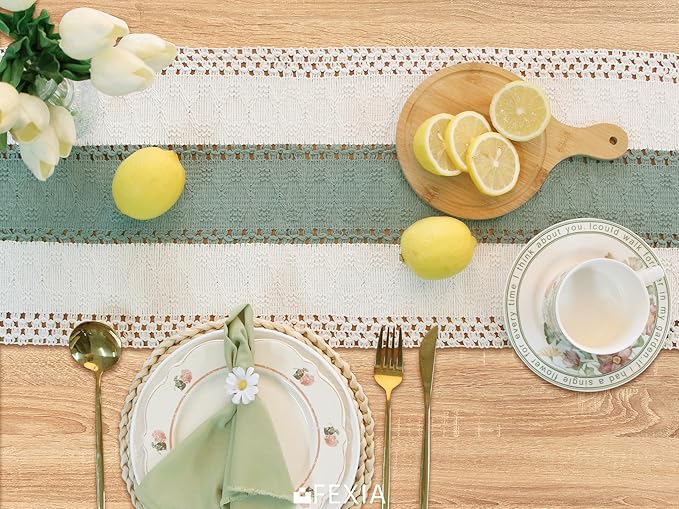 FEXIA Sage Green Table Runner 36 Inches Long with Tassels Boho Macrame Farmhouse Table Runners for Home Decor Party Bohemian Rustic Bridal Shower Dining Decorations(12x36 Inches)