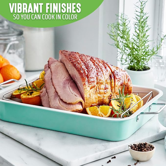 GreenLife 16.5” x 12” Healthy Ceramic Nonstick Roasting Pan with Stainless Steel Roaster Rack, PFAS-Free, PFOA-Free, Dishwasher Safe, Oven Safe, Easy Pouring Rims, Turquoise