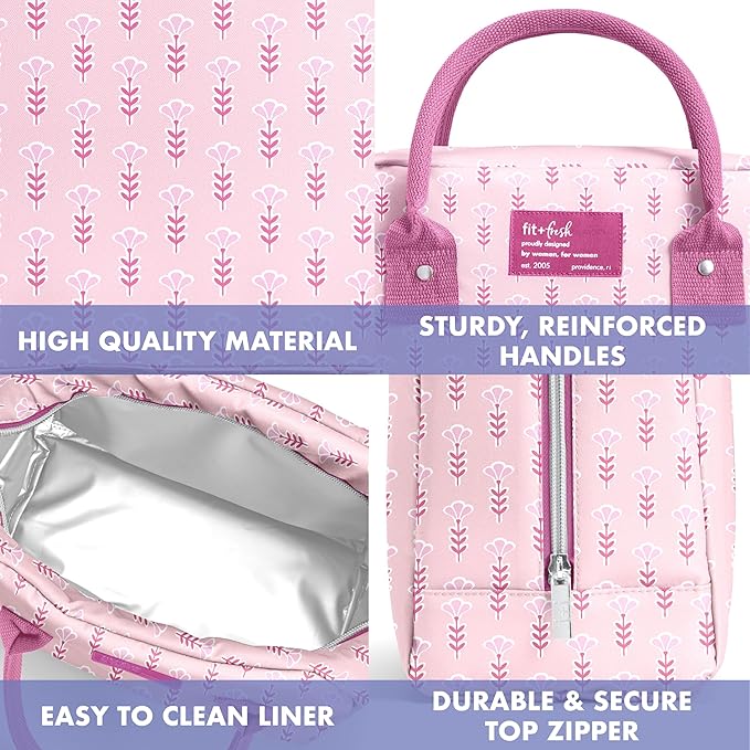 Fit & Fresh Bloomington Lunch Bag for Women - Insulated Large Lunch Box for Work with Containers, Leak-Resistant, Stain-Resistant, Zipper Closure, Tiny Pink Flowers