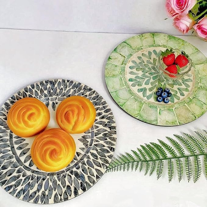 13 Inch Mother of Pearl Shell Placemat Plate – Large Round Decorative Heat for Table or Kitchen, Cabinet, Tabletop (Black and White Leaves, 13 Inch)