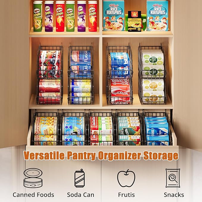 Sonyabecca 4-Pack Stackable Canned Food Organizer with Handles for Kitchen, Soda Can Organizer for Pantry Shelves, Wire Cabinet Shelf for Can Storage, Foldable Soda Dispenser, Patent Pending, Black