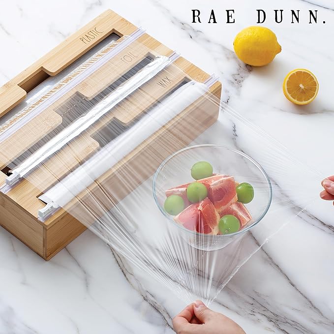 Rae Dunn Bamboo Bag Organizer for Kitchen Drawer - Durable Wood Organizer for Kitchen Storage - Holds Gallon, Quart, Snack, Sandwich Size Baggies, Plastic Wrap and Foil