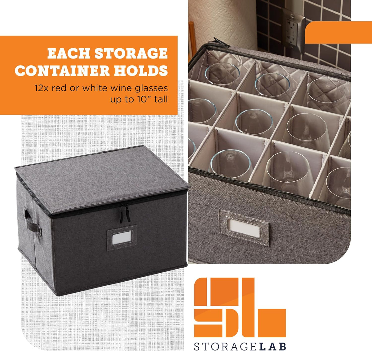 storageLAB Wine Glass Storage Containers, Hard Shell Organizer for Stemware and Glassware Sets, Stackable Wine Glass Storage Box with Dividers for Kitchen and Moving Supplies - 1 Pack, Gray