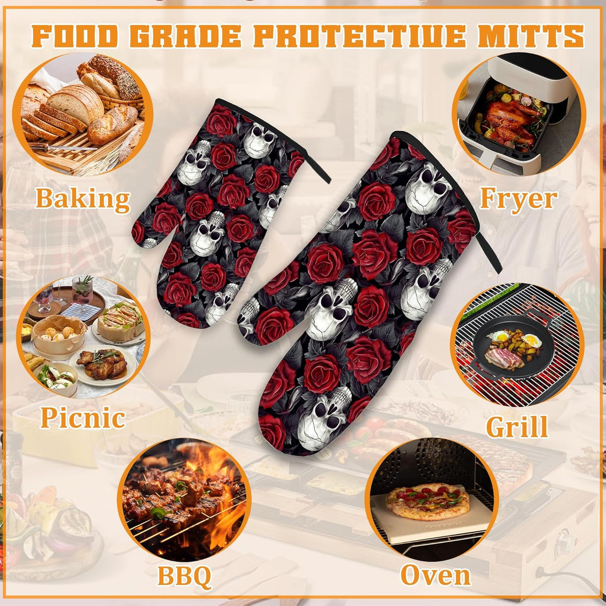 Skulls Oven Mitts and Pot Holders Set,Red Roses Kitchen Oven Gloves and Pot Holder with Heat Resistant Non Slip for Cooking Baking Grilling(4 Piece Set)