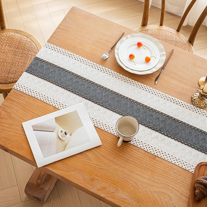 FEXIA Boho Table Runner for Home Decor with Tassels 60 Inches Long,Grey Farmhouse Rustic Table Runner Macrame Burlap Table Decoration for Living Room Bridal Shower(12x60 Inches)