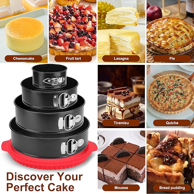 Springform Pan Set of 4, 4/7/9/10inch Cake Pans with Leakproof Silicone Protector, Non-Stick Leak-Proof with Removable Bottom, Cheesecake Pan for Baking, Black