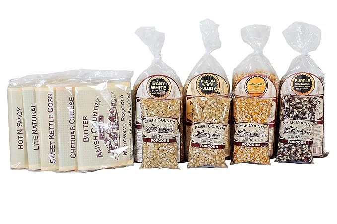 Amish Country Popcorn | Variety Sampler Pack | 4-4 oz Bags, 4-1 lb Bags and 5 Microwave Bags | Baby White, Medium White, Ladyfinger and Purple Popcorn Kernels and 5 Flavored Microwave Bags