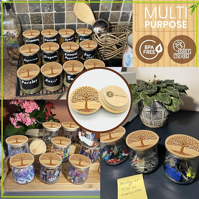 Oui Yogurt Jar Lids – Choose a Design, 4-24 Pieces, Bamboo, Silicone, or Stainless Steel | Tops That Fit Yoplait Oui Glass Jars | Bamboo Oui Jar Covers | Oui Yogurt Storage Lids - Tree of Life 4 pack