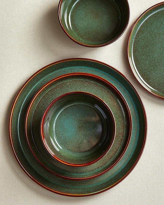 Pokini Plates and Bowls Sets for 8, Ceramic Dinnerware Sets, Kitchen Dish Set, Microwave & Dishwasher Safe Dishware, Highly Durable Handcrafted Dinner Set, Brown Green
