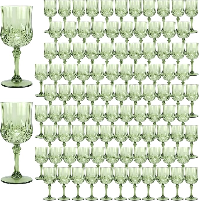 Plastic Wine Glasses, Plastic Goblets Vintage Style Cordial Unbreakable Drinking Glasses, Reusable Drinkware for Wedding Reception, Grand Event Party Supplies (100, New Green)