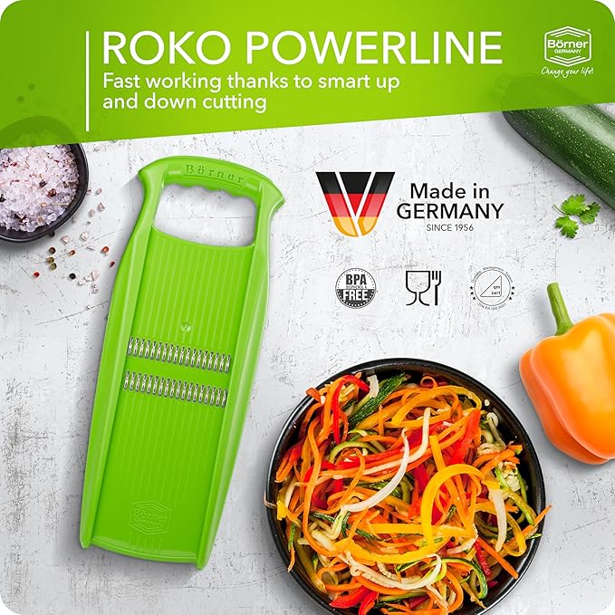 Börner Roko PowerLine Vegetable Slicer • Julienne Cutter for Fruit and Vegetables • Julienne Slicer for Fine Strips • Fine Vegetable Grater • Kitchen Slicer (Green)