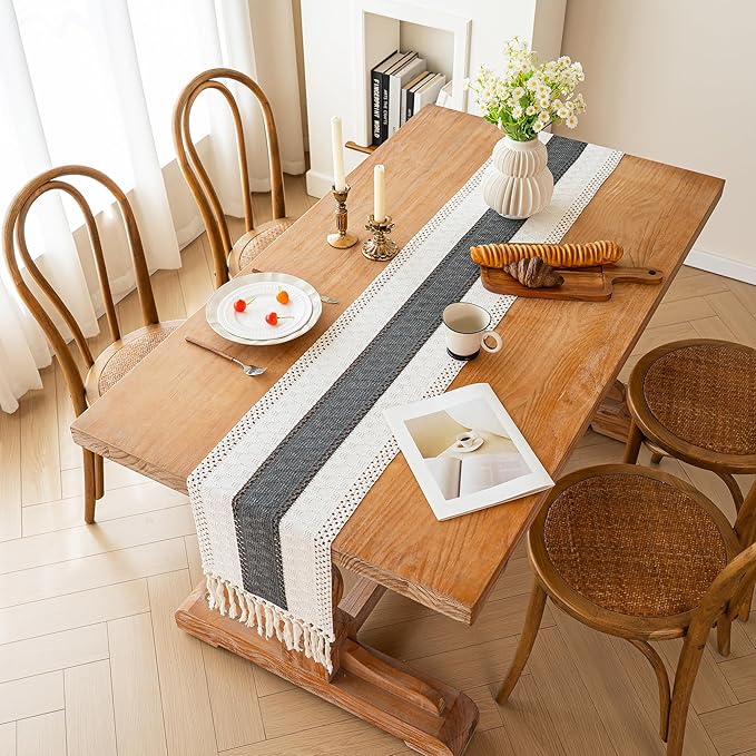 FEXIA Boho Table Runner for Home Decor with Tassels 90 Inches Long,Grey Farmhouse Rustic Table Runner Macrame Burlap Table Decoration for Living Room Bridal Shower(12x90 Inches)