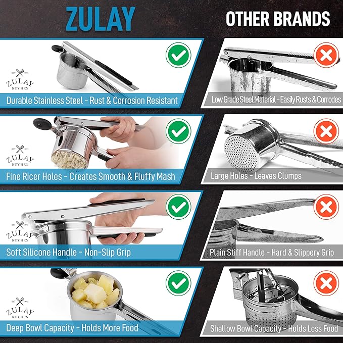 Zulay Kitchen Large 15oz Potato Ricer, Heavy Duty Stainless Steel Potato Masher and Ricer for Mashed Potatoes, Mashed Potato Masher & Potato Press Kitchen Gadget for Perfect Mashed Potatoes