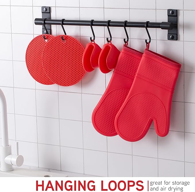 COOK WITH COLOR Silicone Oven Mitts- Heat Resistant Gloves with Soft Quilted Lining Oven Mitt Pot Holders for Cooking and BBQ, Red, Mitt Set
