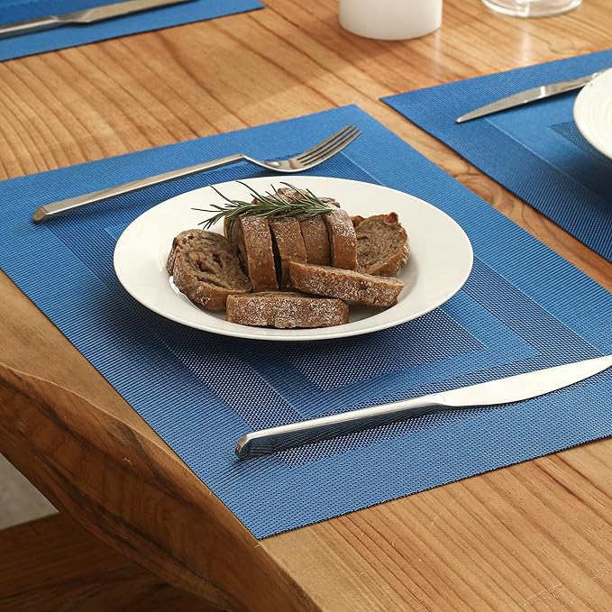 Leetaltree Blue Frame Placemats Set of 6 - Heat Resistant Non-Slip Place mats for Dining Table, Washable Durable PVC Vinyl Woven Table Mats（Blue Frame, 6）