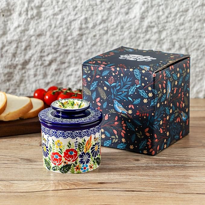 French Butter Crock with Lid for Countertop,Handpainted Floral Butter Keeper with Water Seal Line, Farmhouse Ceramic Butter Container Airtight for Soft Spreadable Butter,Housewarming Gifts