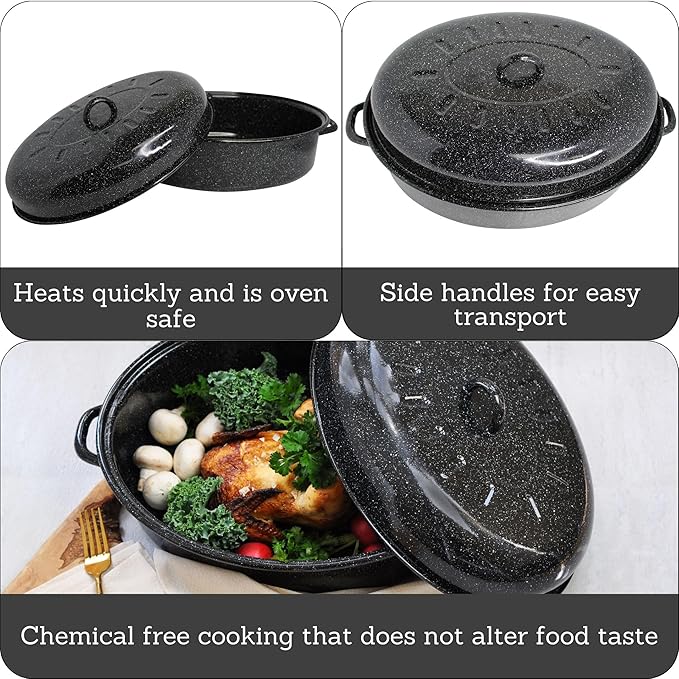 MIRRO 15in Enamel Oval Roaster with Lid, Black